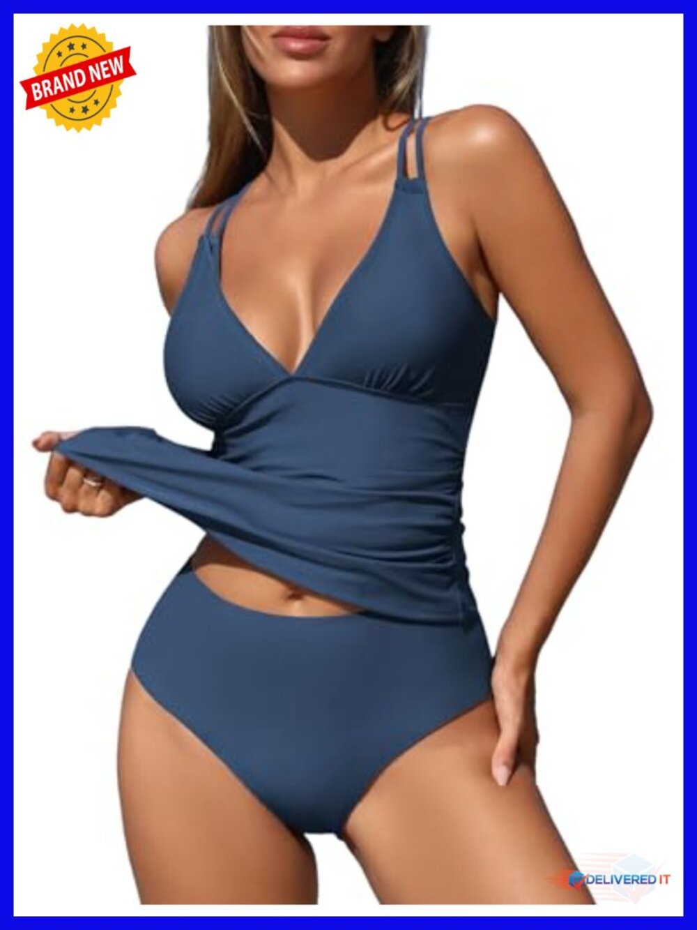 Tankini Swim Top and High Waisted Bottom Set with Push Up Bra and Tummy Control